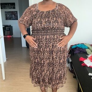 Terra & Sky Cheetah Print Midi Dress with Sheer Shoulders – Size 4X (28W/30W)